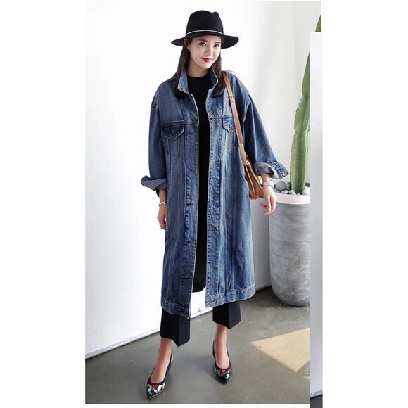 Womens Classic Jean Jacket Plus Size Loose Long Sleeve Button Down Trench Coat - Picture 2 of 4